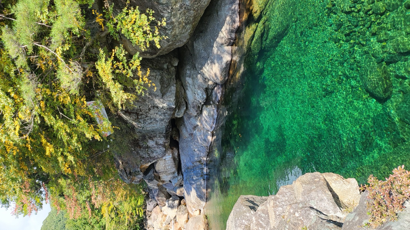Clear green water between rocks in a mountain valley